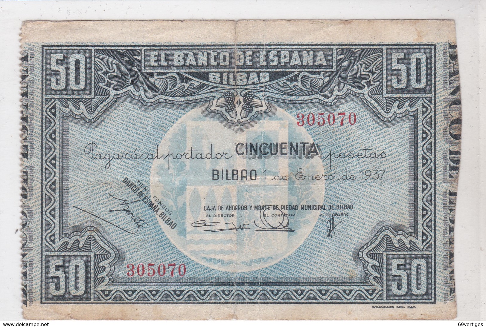 EL BANCO DE ESPANA, BILBAO, Cincuenta Pesetas, émission 1 Enero 1937 - 25 Pesetas