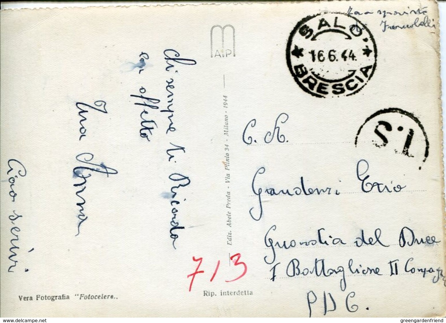31476 Italia RSI Cartolina Da Salò 16.6.1944 Zona Sprovvista Di Francobolli - Storia Postale