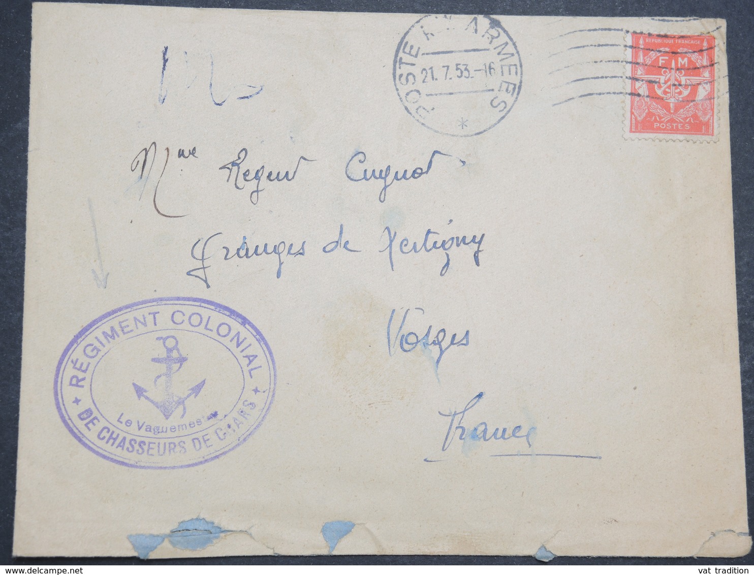 FRANCE - Enveloppe En FM Du Régiment Colonial De Chasseurs De Chars En 1953 Pour La France - L 14642 - Cachets Militaires A Partir De 1900 (hors Guerres)