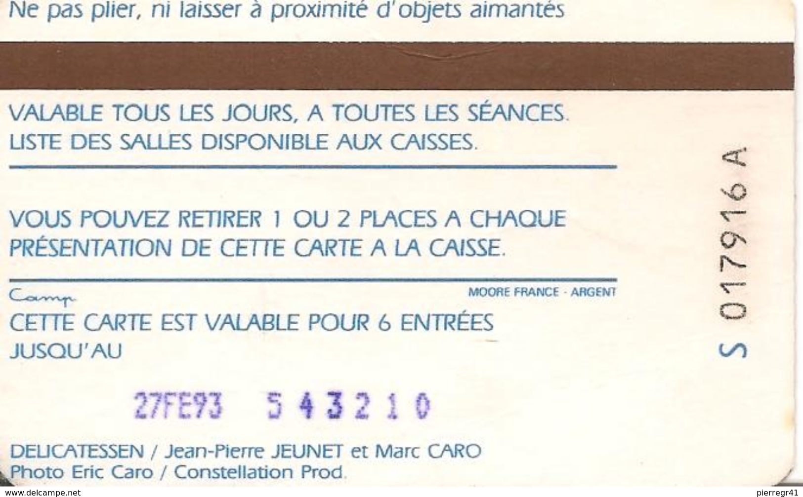 TICKET-MAGNETIQUE--CINEMA-UGC-U16-1993-DELICATESSEN-BE-RARE - Tickets D'entrée