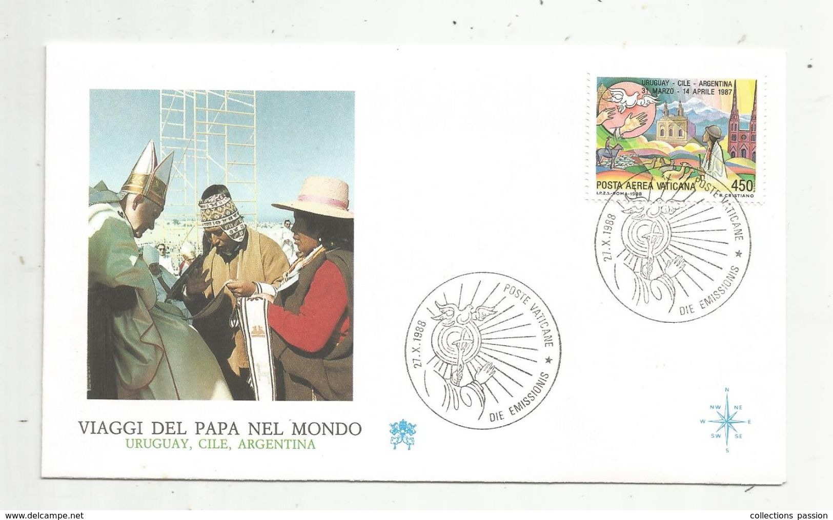 Premier Jour , FDC, Poste Vaticane , Die Emissionis ,viaggi Del Papa Nel Mondo , Uruguay, Cile, Argentina, 27-10-1988 - FDC