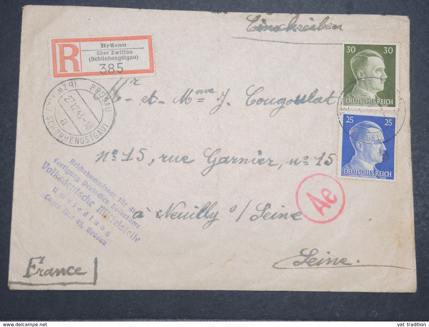 ALLEMAGNE - Enveloppe En Recommandé De Brüsau Pour La France En 1943 Avec Contrôle Postal - L 14655 - Covers & Documents