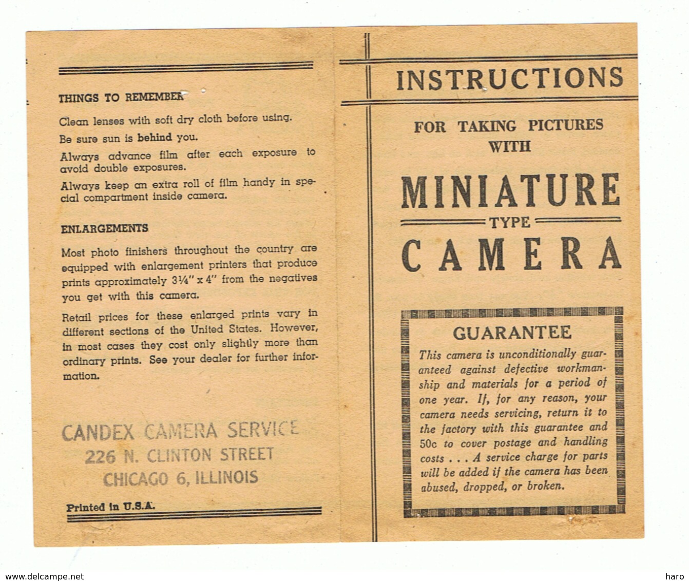 Feuillet Avec Instructions Pour Appareil Photo ( En Angalis) "Candex Camera Service " Chicago USA  (sf39) - Matériel & Accessoires