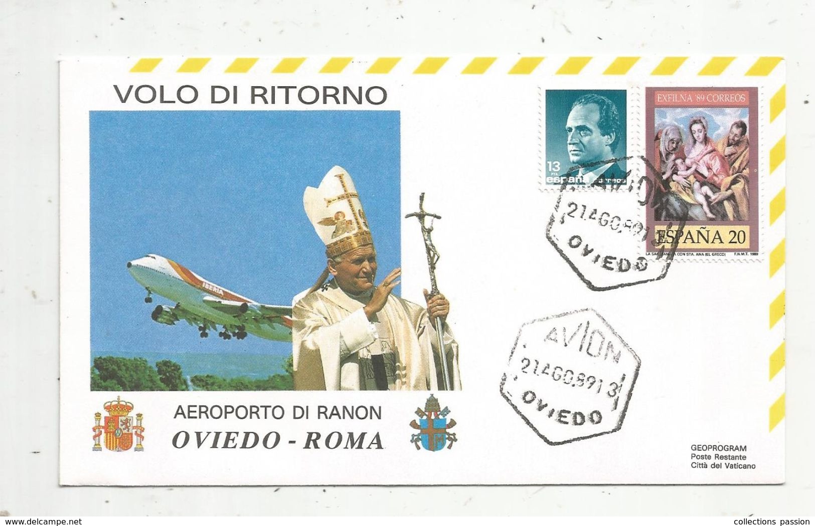 Premier Jour , FDC, ESPANA , OVIEDO , Avion, Volo Di Ritorno , Aeroporto Di Ranon, 21-8-1989 - FDC