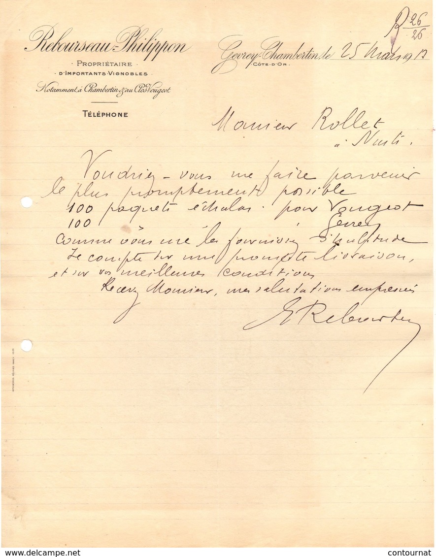 21 GEVREY CHAMBERTIN COURRIER 1913  Propriétaires VIGNOBLES Vins  Au Clos Vougeot REBOURSEAU PHILIPPON  * Z97  LONGVIC - 1900 – 1949