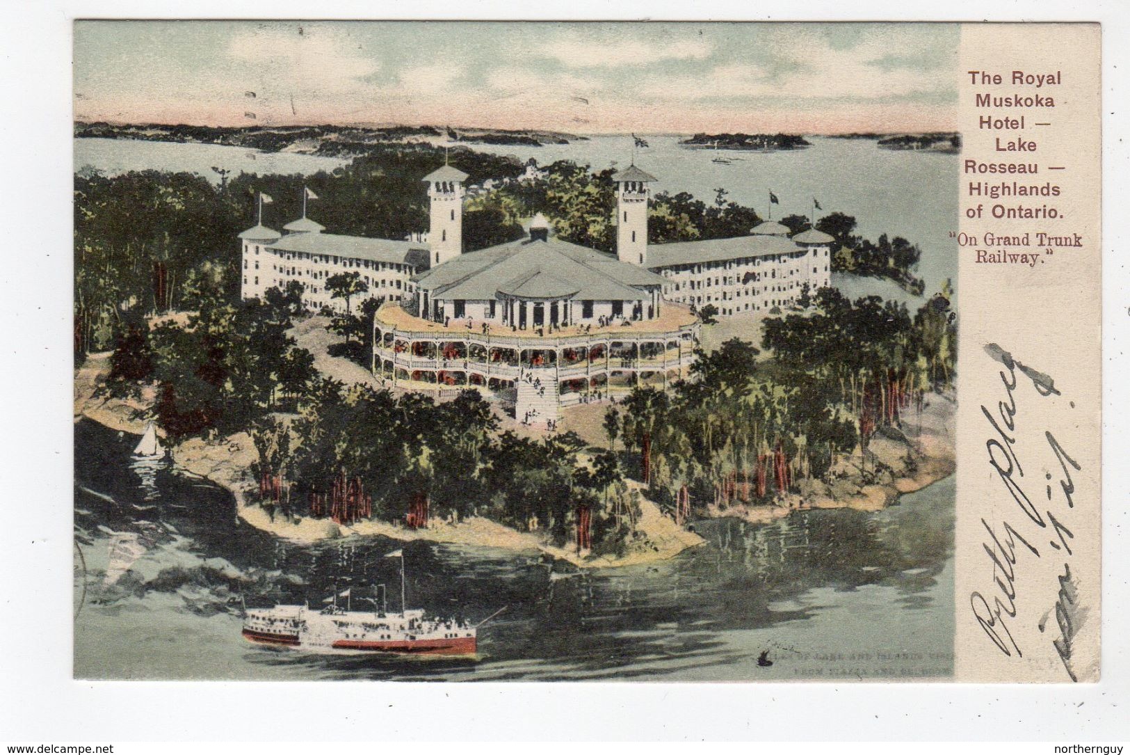 LAKE ROSSEAU, Ontario, Canada, The Royal Muskoka Hotel, Grand Trunk Railway, 1907 Postcard - Muskoka