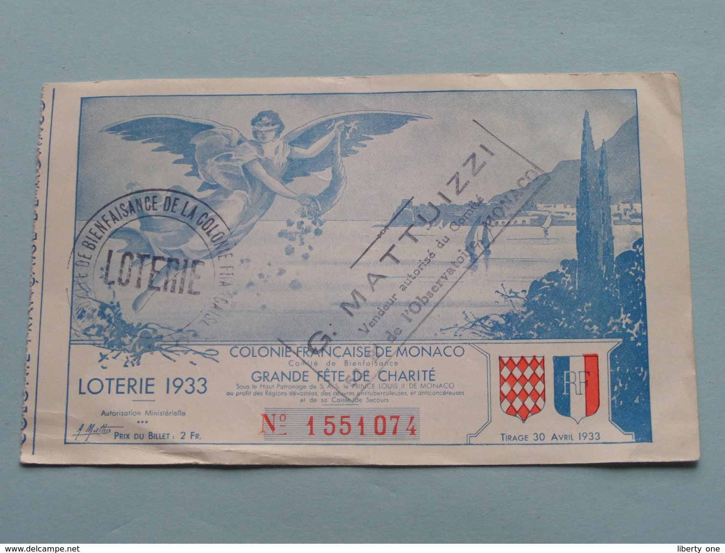 LOTERIE Tirage 1933 Colonie Française De MONACO - Grande Fête De Charité ( N° 1551074 ) G. Mattuizzi ( Voir Photo Svp ) - Billets De Loterie