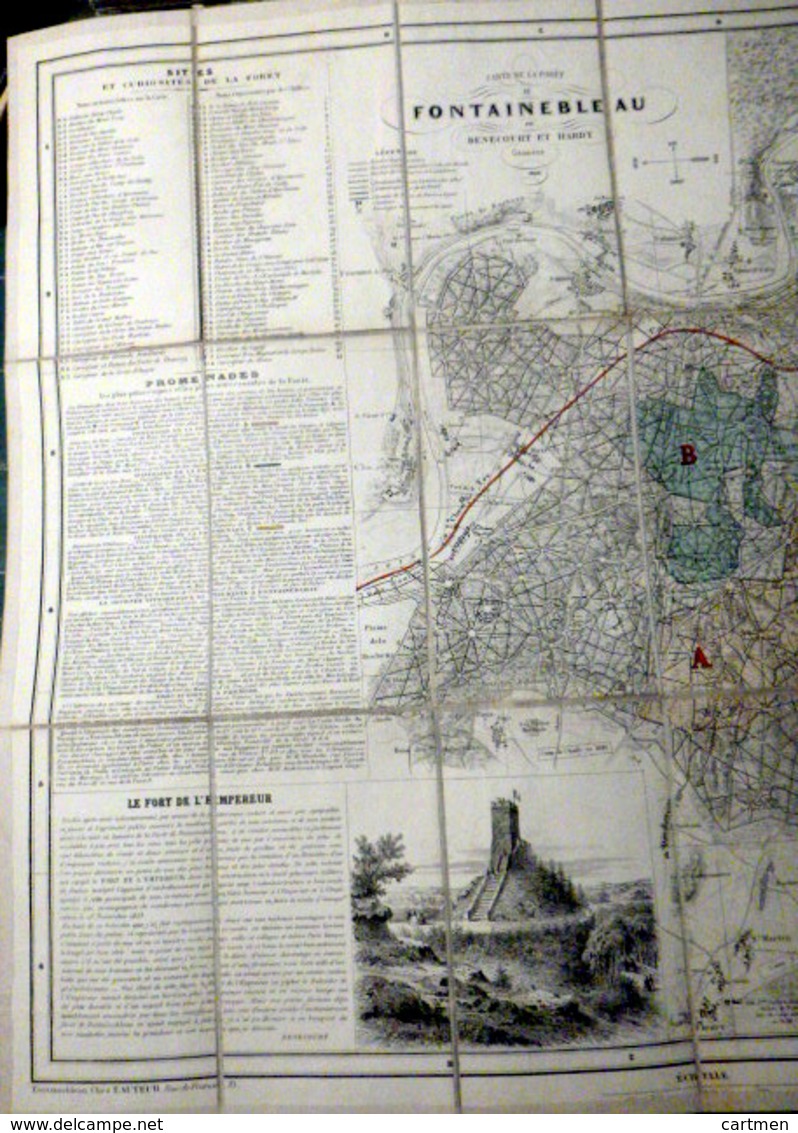 77 FONTAINEBLEAU CARTE DE LA FORET EN 1856 AVEC CIRCUIT PROMENADES SITES ET CURIOSITES ET FORT DE L'EMPEREUR - Cartes Topographiques