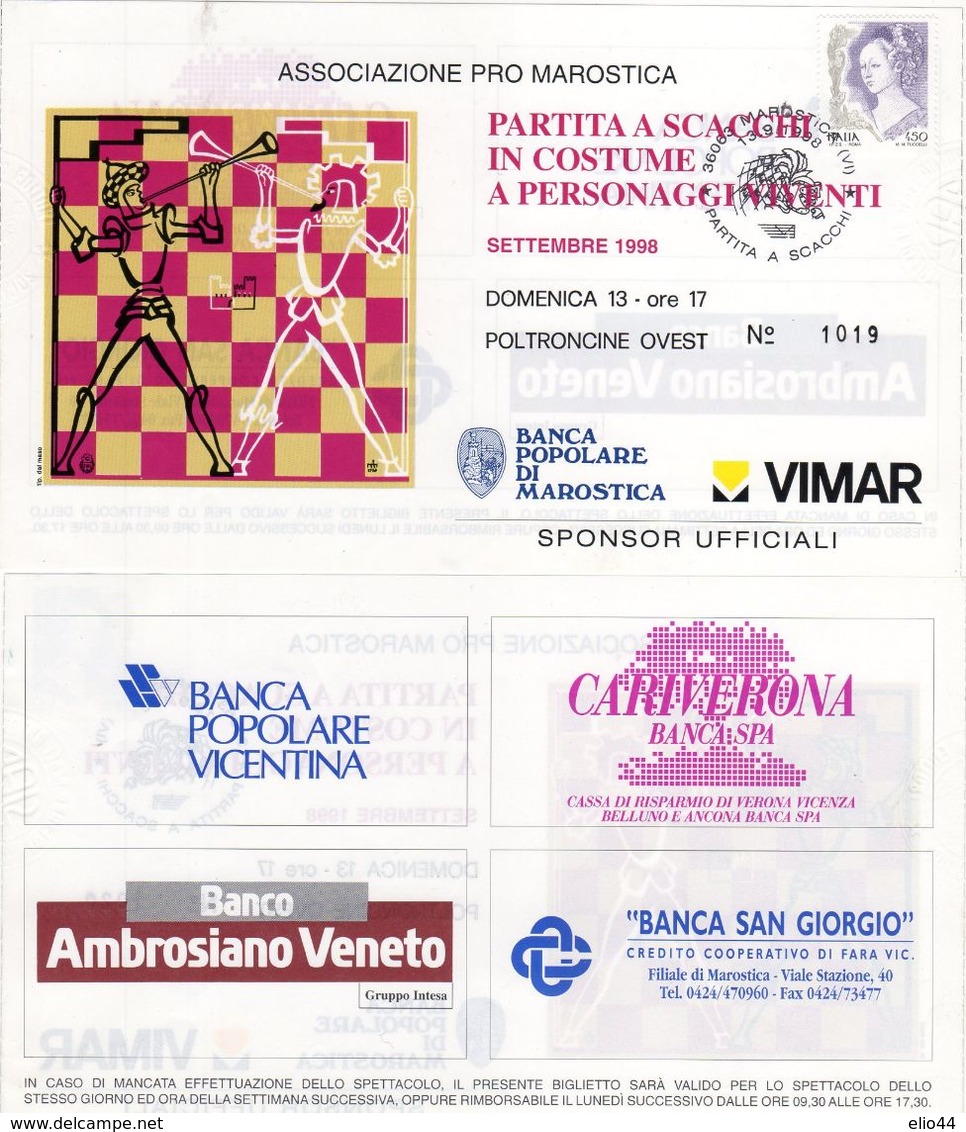Marostica  (VI) 1998 - Partita A Scacchi In Costume A Personaggi Viventi - - Tickets D'entrée