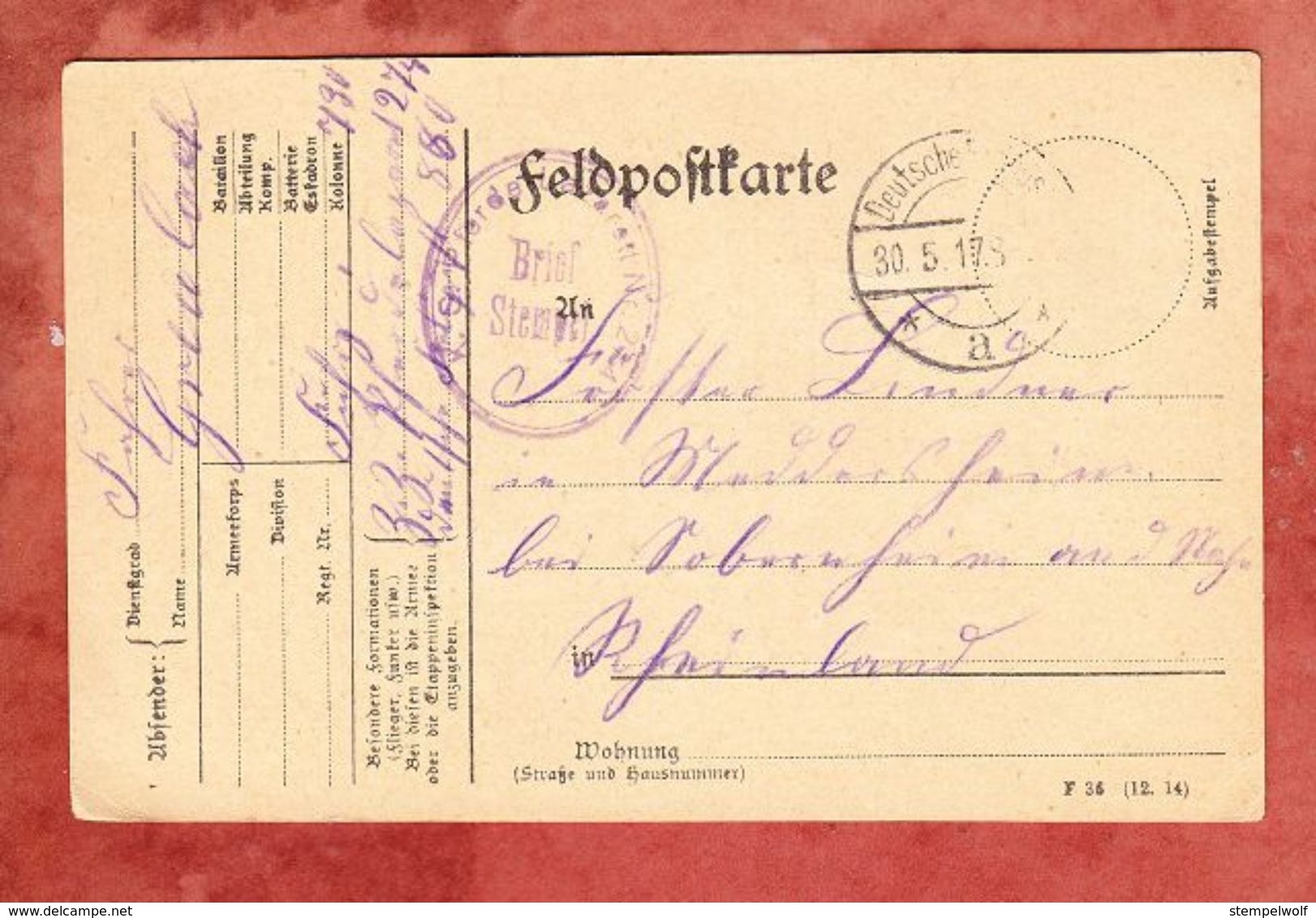 Feldpostkarte, Nach Sobernheim 1917 (47780) - Lettres & Documents