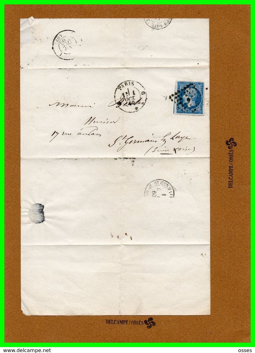 Lettre Pli1860.Paris à St.Germain En Laye.n°14B.typeII.20c.bleu1860.Empire.Franc NapoléonIII - 1849-1876: Période Classique