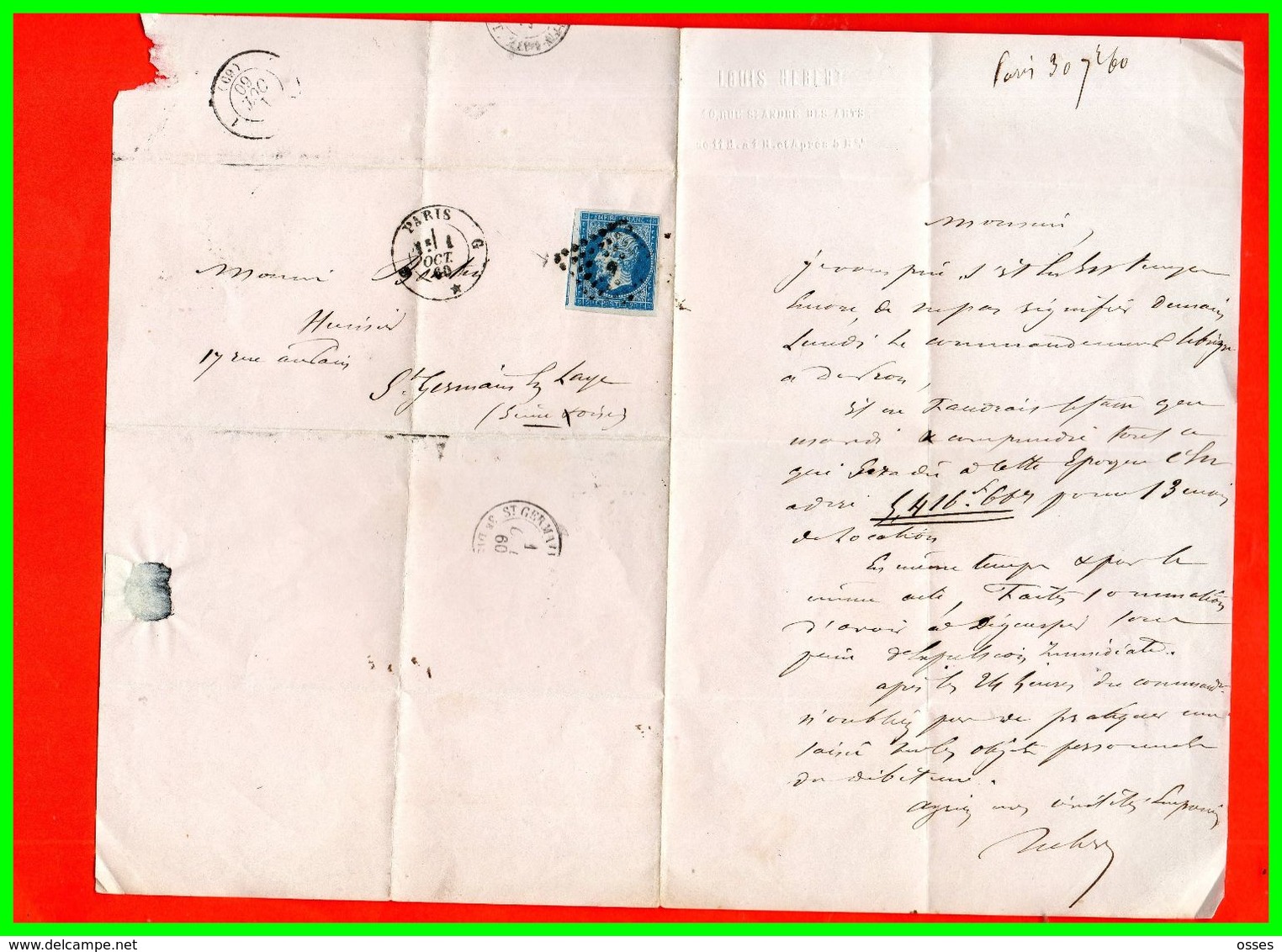 Lettre Pli1860.Paris à St.Germain En Laye.n°14B.typeII.20c.bleu1860.Empire.Franc NapoléonIII - 1849-1876: Période Classique