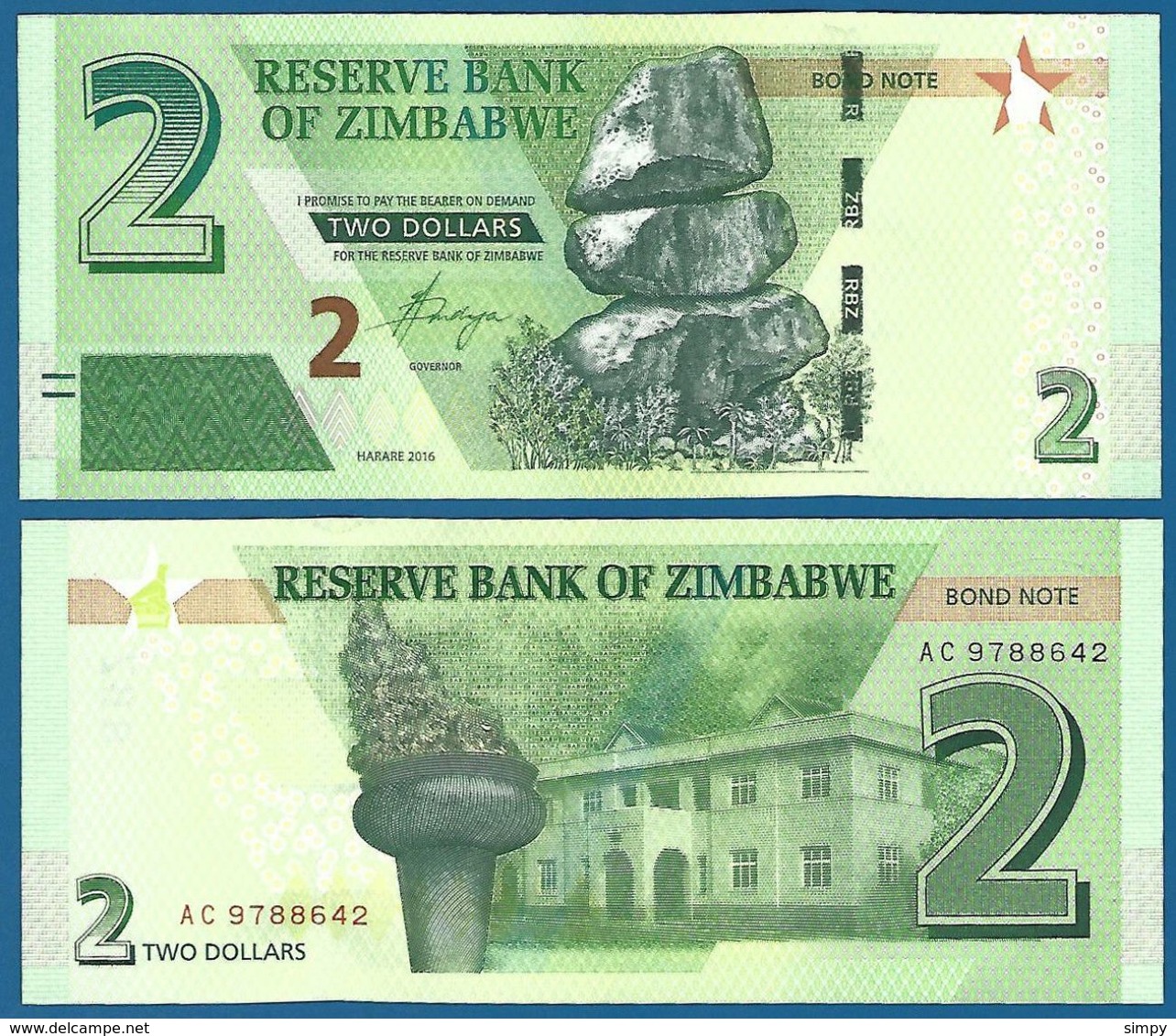 ZIMBABWE 2 Dollars 2016 UNC Prefix AC - Simbabwe