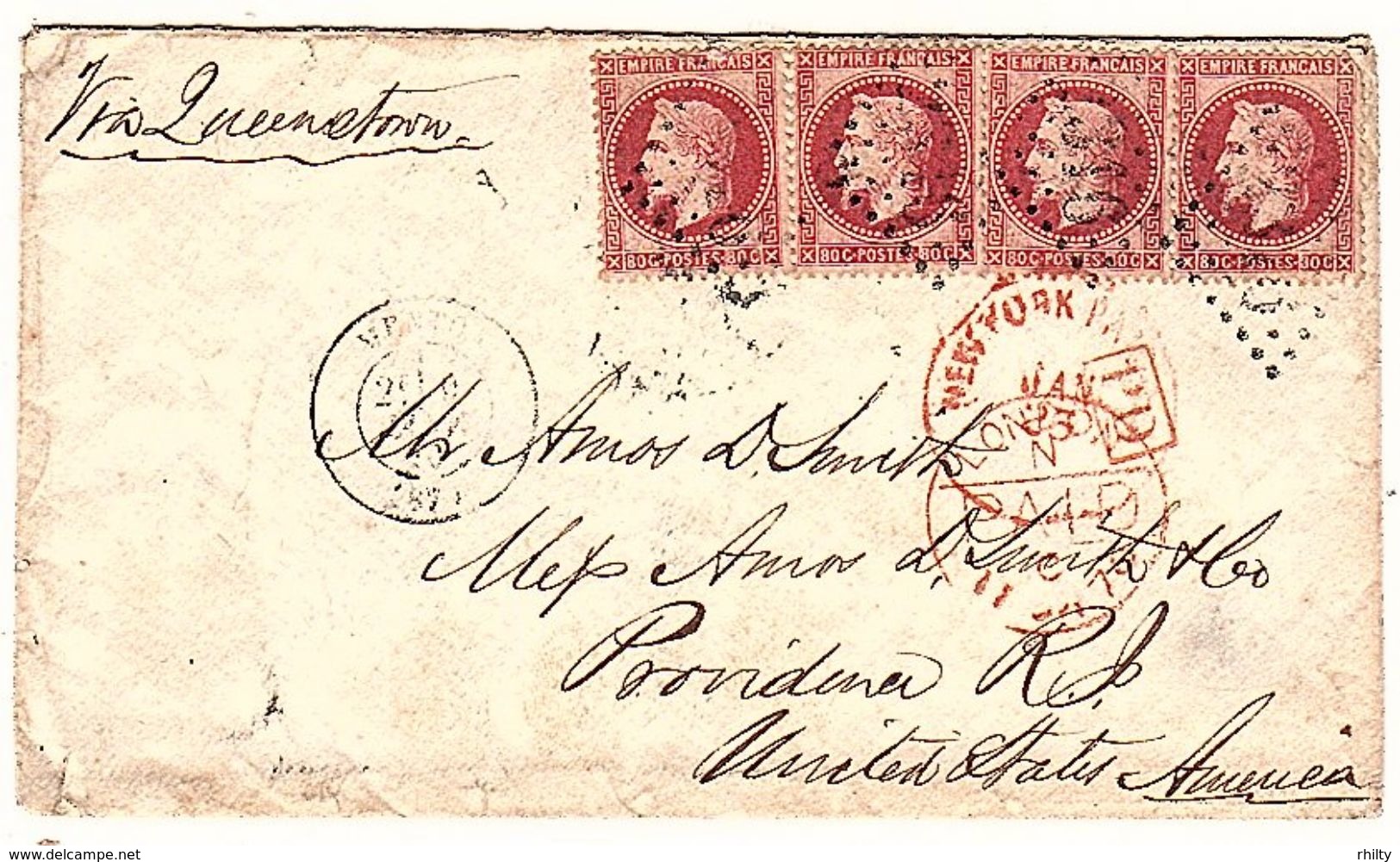 1870 Scott 36 X 4 On Cover From A Hotel In Menton France To Providence RI, USA. - 1863-1870 Napoléon III Lauré