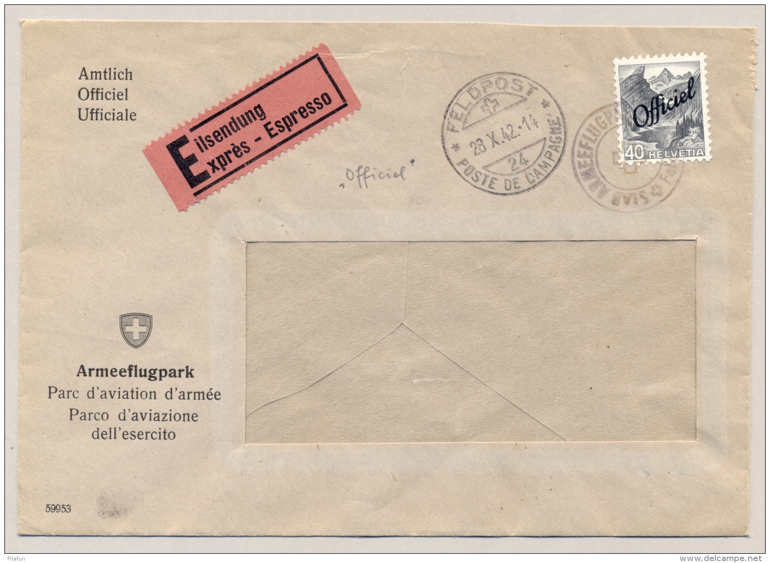 Schweiz - 1942 - 40c Officiel-stamp On Express Cover From Feldpost De Campagne - Armeeflugpark - Documenten