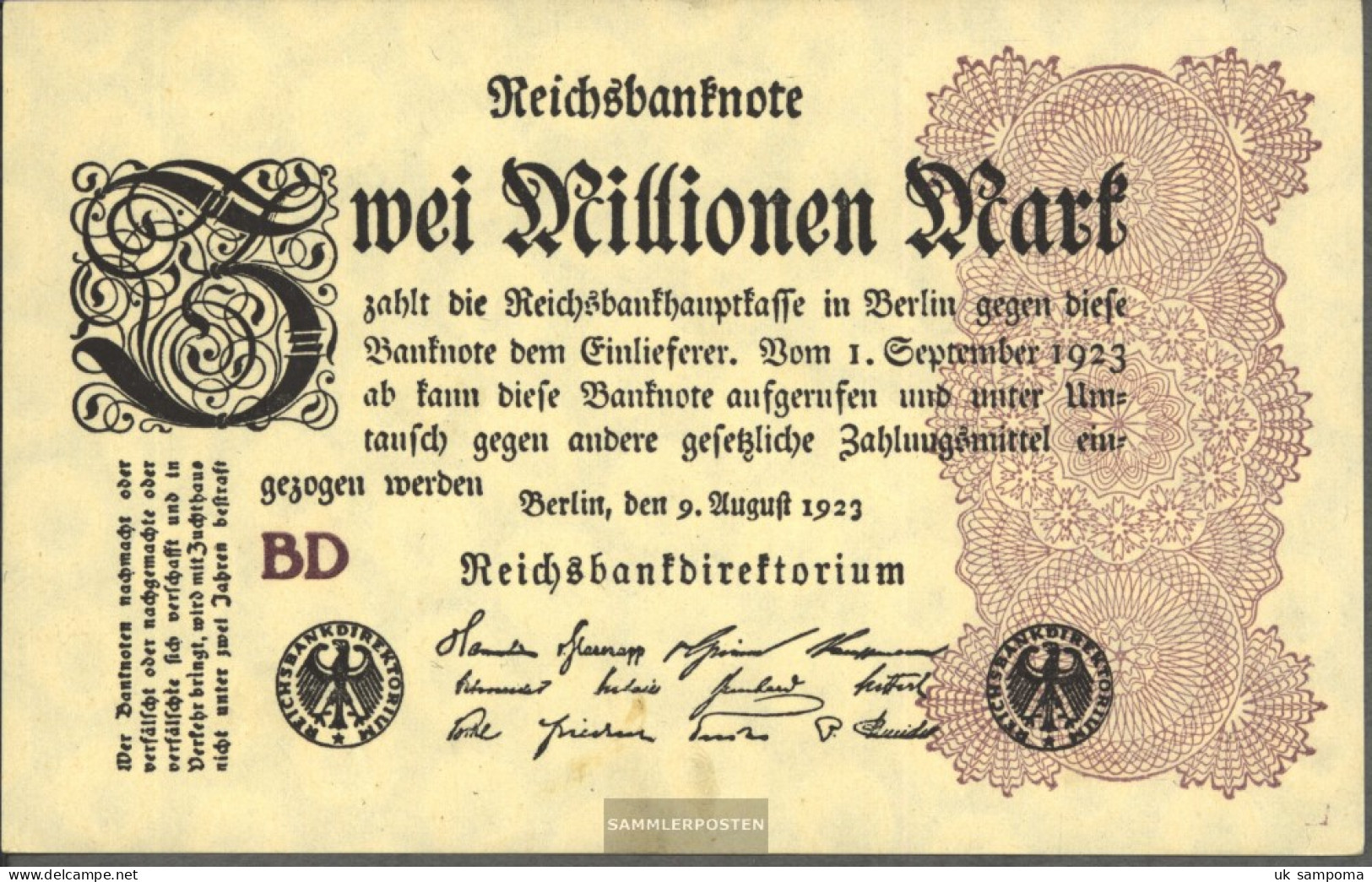 German Empire Rosenbg: 103c WZ. Rings Uncirculated 1923 2 Million. Mark - 2 Miljoen Mark