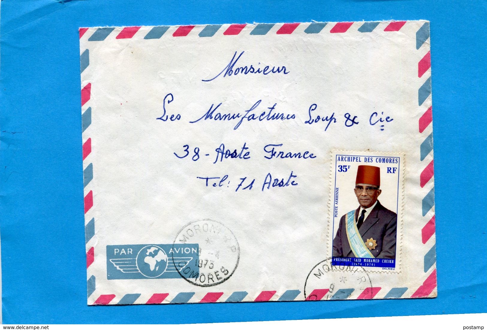 MARCOPHILIE-COMORES--Lettre >France -cad -moroni 1973- -stamp N°51président Cheik - Brieven En Documenten