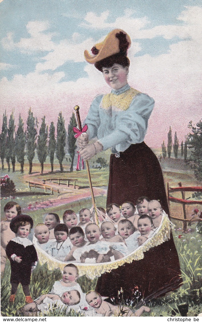 Baby's, Bébés, Lady With An Inverted Umbrella Filled With Baby's (pk43939) - Humorvolle Karten