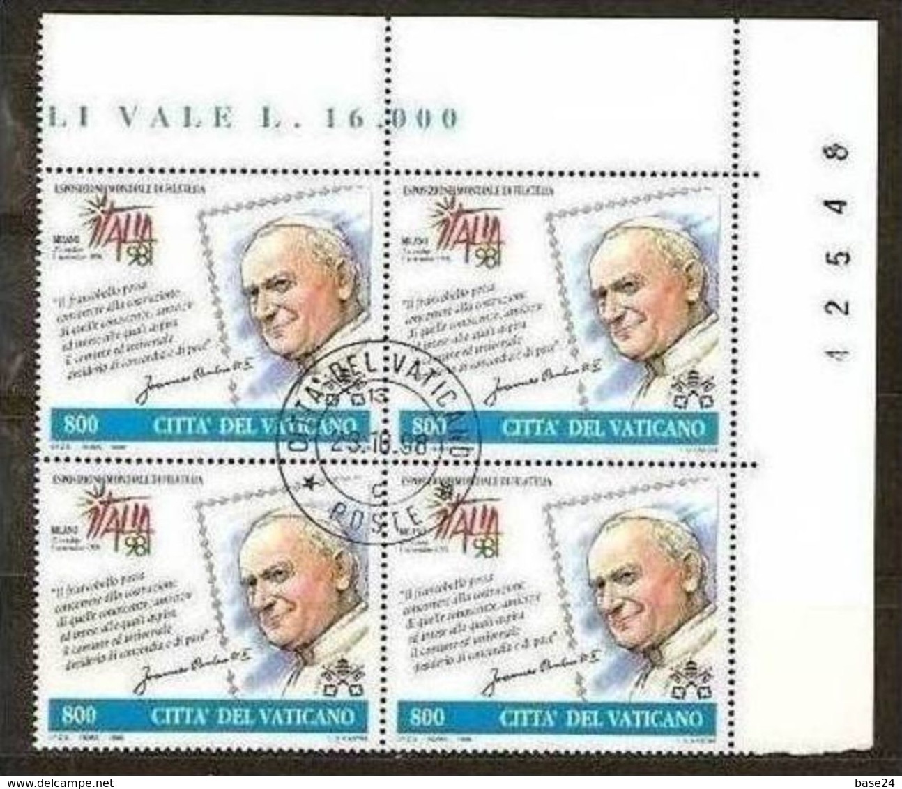 1998 Vaticano Vatican GIORNATA DELLA FILATELIA  PAPA WOJTYLA Quartina Usata 1°Giorno USED Bl.4 - Used Stamps