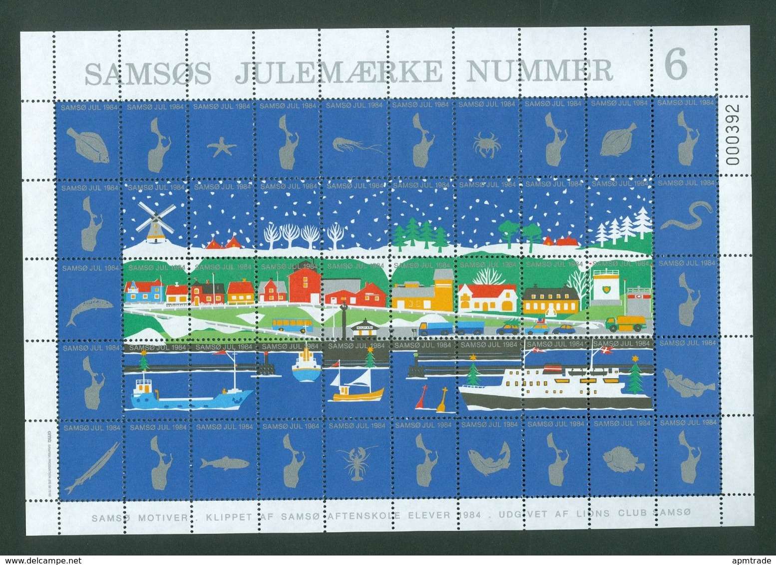 Denmark. Christmas Sheet Local Samso # 6 Lions Club 1984. Windmill,Ferry,Cars - Feuilles Complètes Et Multiples