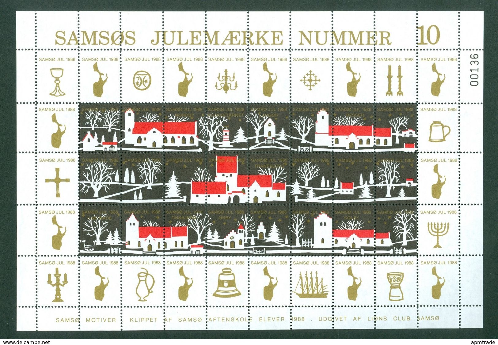 Denmark. Christmas Sheet Local Samso # 10 Lions Club 1988. Samso 7 Churches - Feuilles Complètes Et Multiples