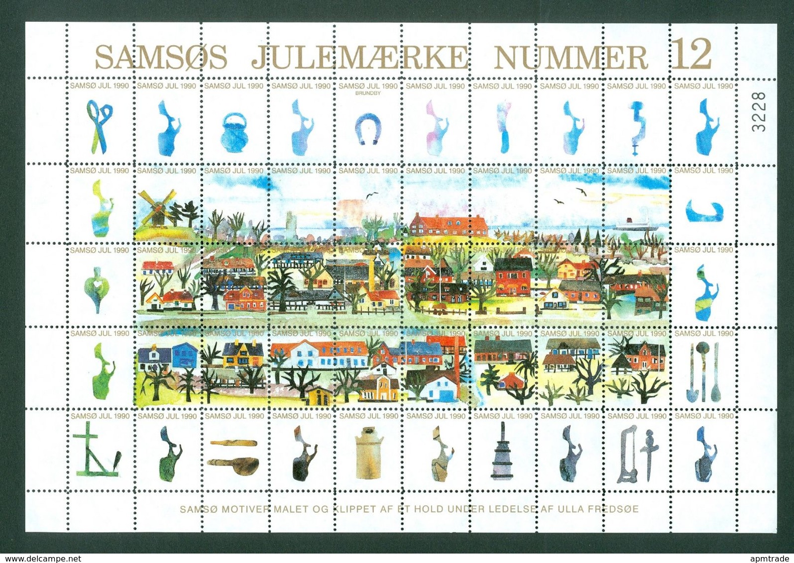 Denmark. Christmas Sheet Local Samso # 12. 1990. Town: Brundby. Windmill,Ferry - Ganze Bögen