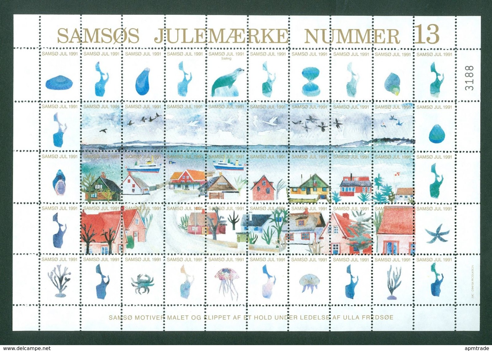 Denmark. Christmas Sheet Local Samso # 13. 1991. Town: Selvig. Ships,Seal,Birds - Feuilles Complètes Et Multiples