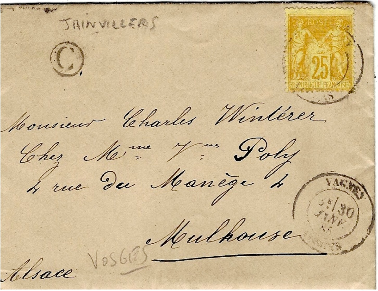 1885- Lettre De VAGNES ( Vosges ) Cad T18  Affr. 25 C Sage N° 92  + C Boite Rurale Zainvillers Pour L'Alsace - 1877-1920: Periodo Semi Moderno