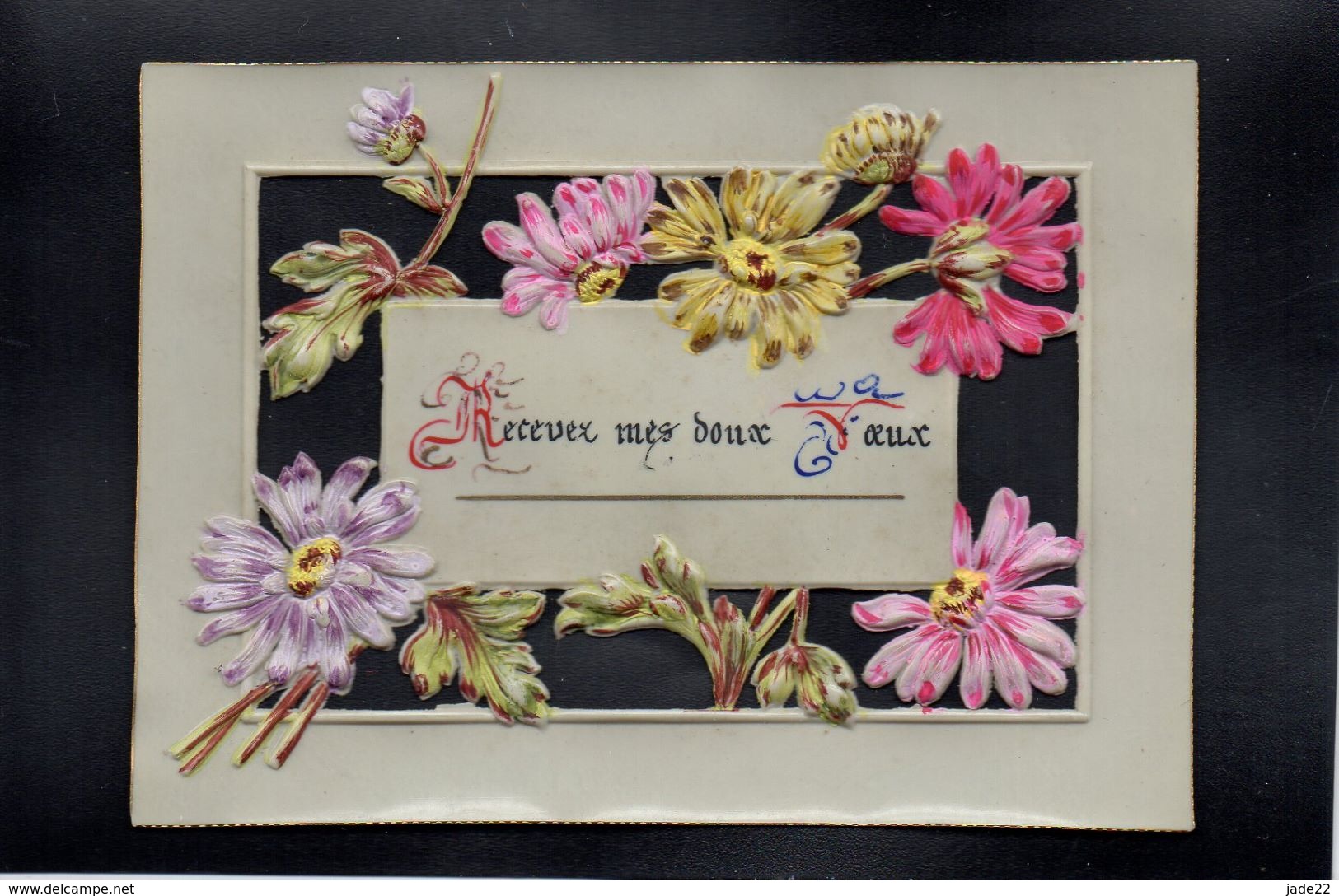 PETITE CPA CHROMO CELLULOID CELLULOIDE AJOUREE DENTELEE CANIVET DORURE Peinte à La Main Fleurs (8 X 11,5 Cm)-#670 - Autres & Non Classés