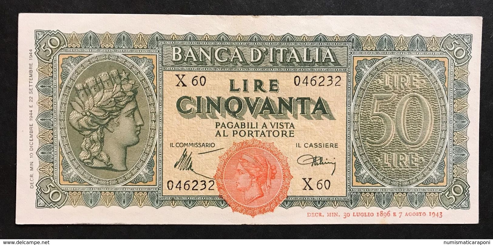 50 LIRE ITALIA TURRITA 10 12 1944 Q.spl OTTIMO BIGLIETTO  LOTTO 411 - 50 Lire