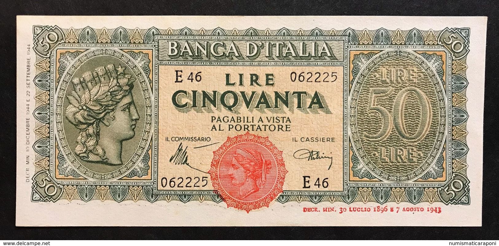 50 LIRE ITALIA TURRITA 10 12 1944 Q.spl OTTIMO BIGLIETTO  LOTTO 518 - 50 Lire