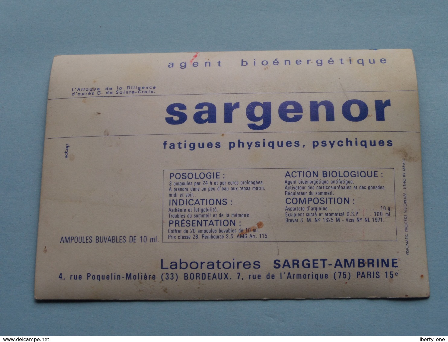 SARGENOR Labo Sarget-Ambrine Paris ( Visiomatic/Relief Litho Japan ) Anno 19?? ( Voir Photo ) ! - Werbung