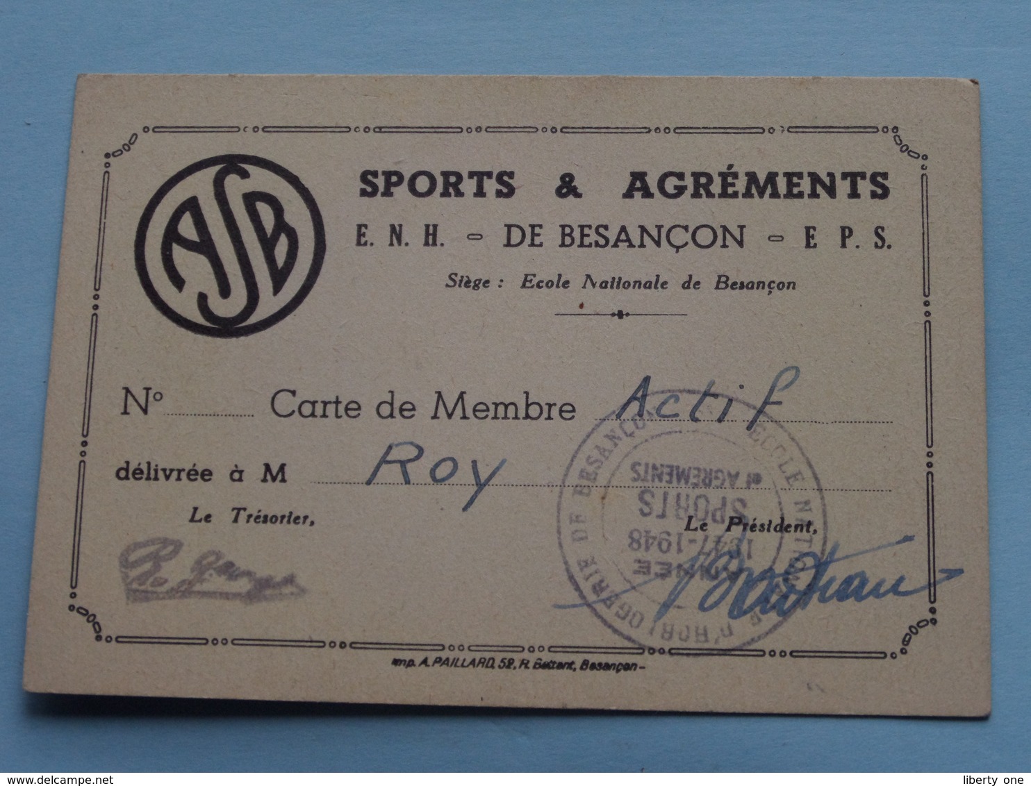 A.S.B. Sports & Agréments " Carte De MEMBRE " ( Ecole Nat. D'Horlogerie Besançon / ROY ) Anno 1947/48 ( Voir Photo ) ! - Cartes De Visite