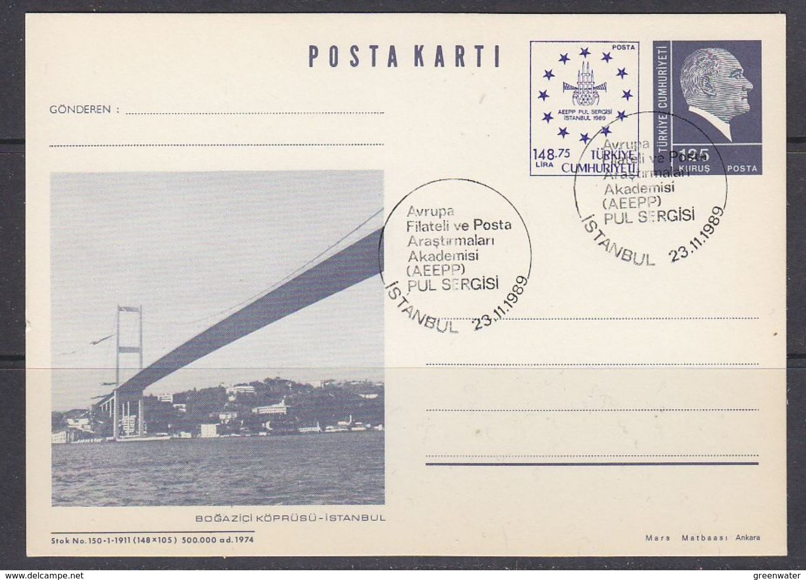 Turkey 1989 Istanbul 1989 Postcard Bosphorus Bridge Used  "Special Cancel" (37829) - Postal Stationery