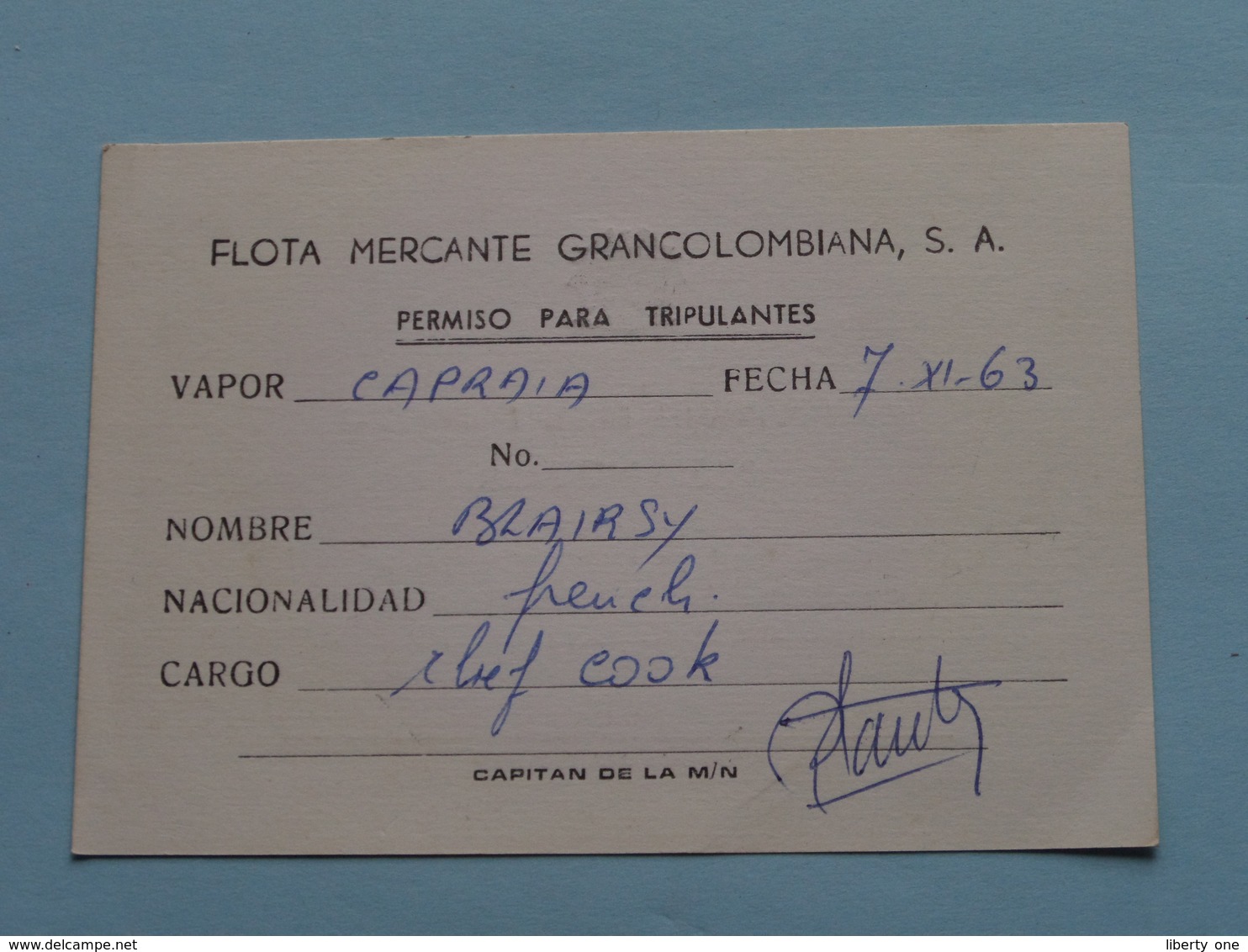 FLOTA MERCANTE GRANCOLOMBIANA : Vapor " CAPRAIA " ( Blairsy > Chef Cook France ) Anno 1963 ( Voir Photo ) ! - Andere & Zonder Classificatie