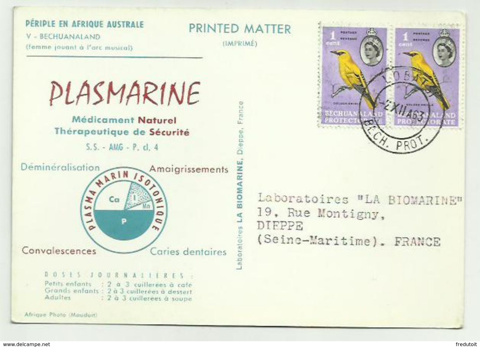 CP: PUBLICITAIRE PLASMARINE - BECHUANALAND - 1963 - 1885-1964 Protectorat Du Bechuanaland