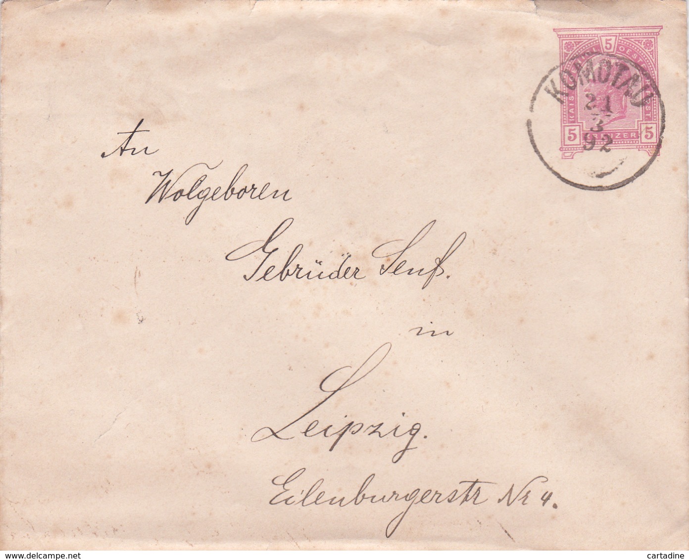 Entier Postal Enveloppe Autriche - 1892 - Cachet Komotau - Autres & Non Classés