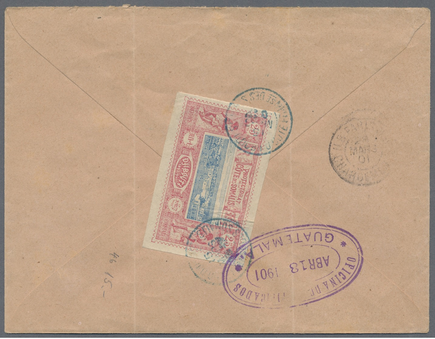 Beleg 1901, 25 Cts. Freimarke Rs. Auf 25 Cts. GA-Umschlag(Faltspur) Als R-Brief Von Djibouti Nach Guatemala, Selt. Desti - Other & Unclassified