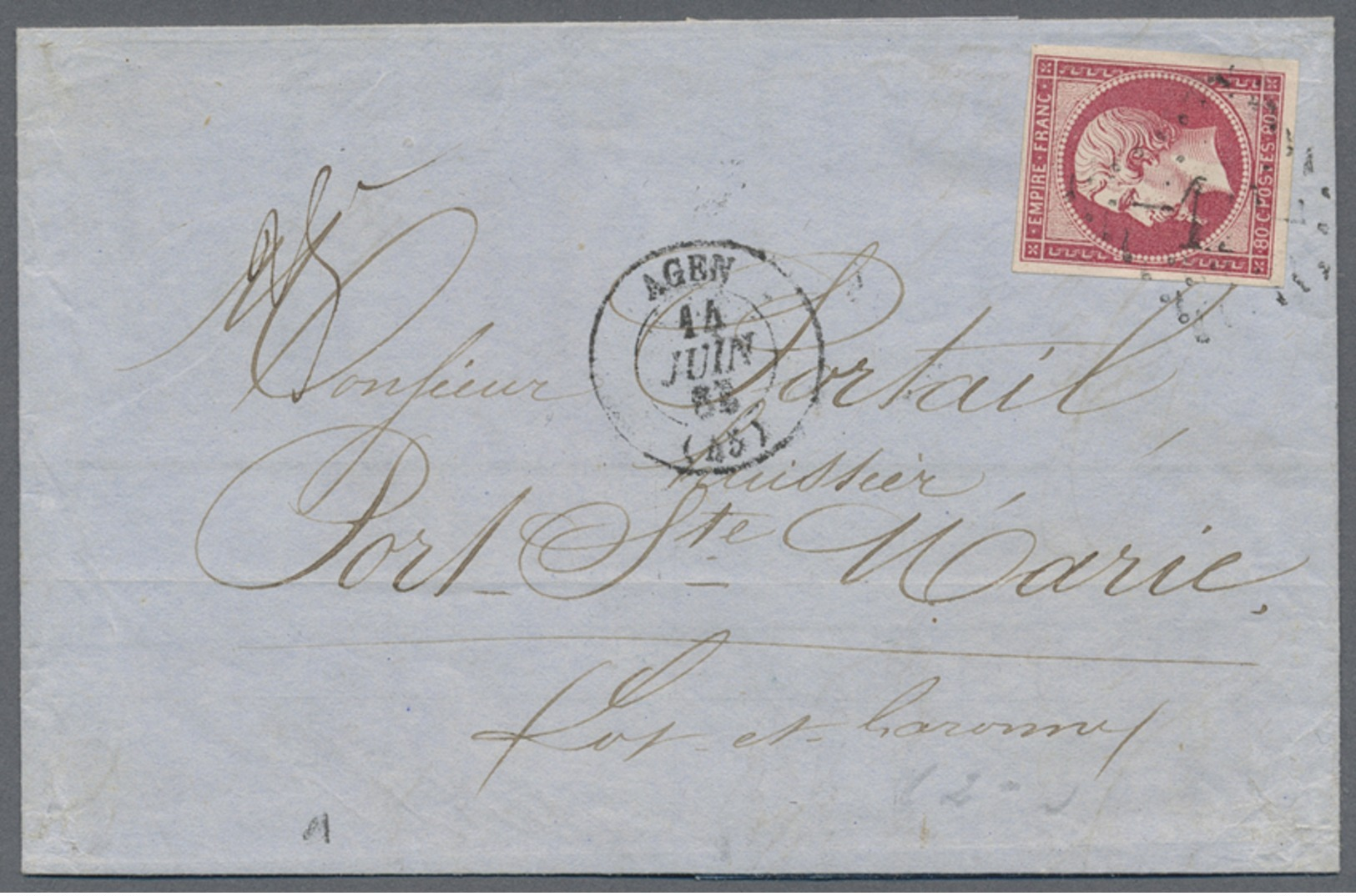 Beleg 1863, 80 C. Napoleon III Vollr. Pra.stueck Auf Kompl. Faltbrief Mit Inhalt(Rechnung) Von Agen Nach Port St.Marie ( - Other & Unclassified