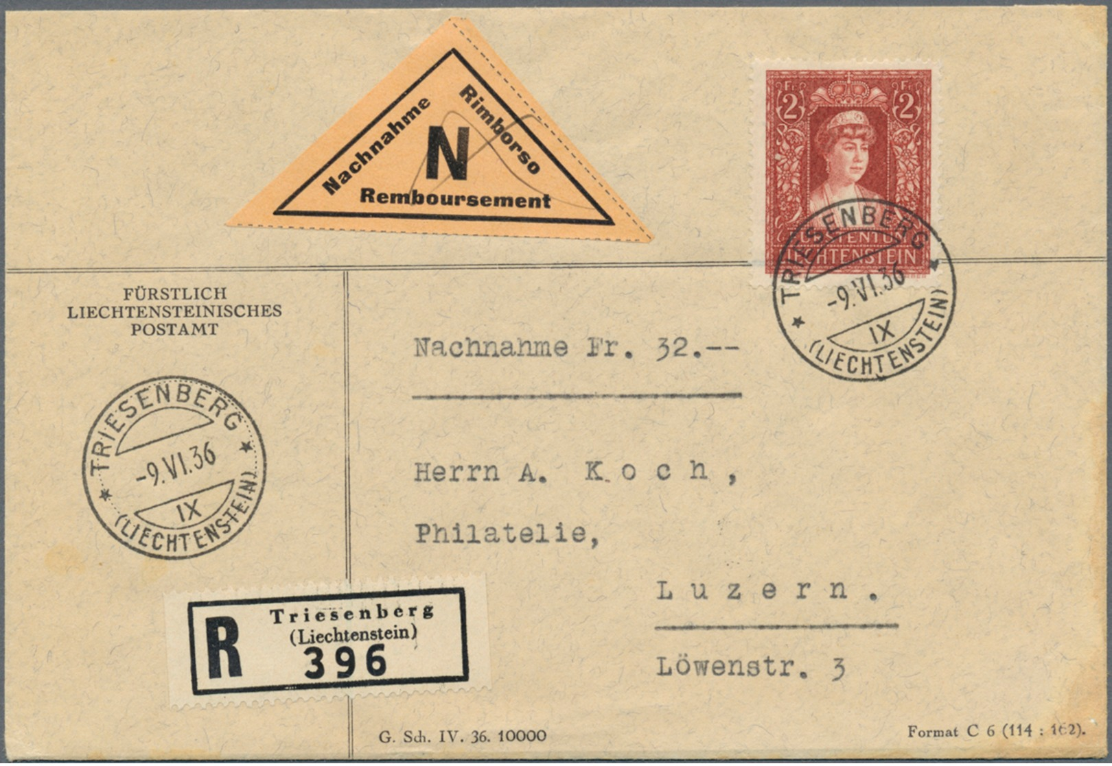 Beleg 1936, 2 Fr. Fuerstin Auf R-NN(32.-)-Brief(unten Re. Etwas Fleckig) Von Triesenberg Nach Luzern (Michel: 140) - Altri & Non Classificati