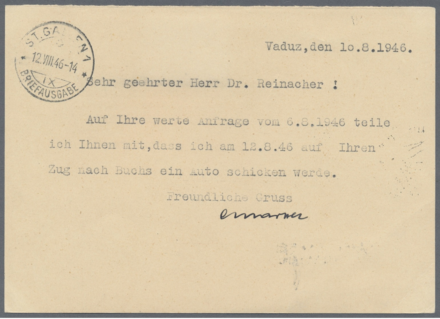 Beleg 1946, 10 Rp. Aus Postkutschenblock In MiF Mit 10 Rp. CH-Dienstmarke Auf 10 Rp. Ziffer CH-R-Antwortkarte Von Schell - Altri & Non Classificati