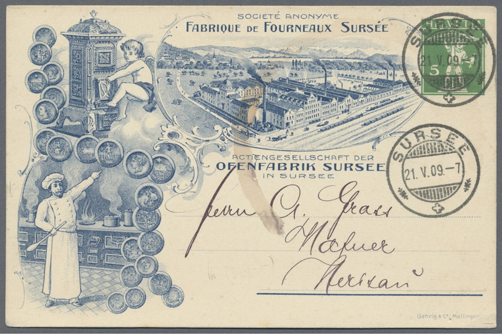 Beleg 1909, 5 C. Privatpostkarte "Fabrique De Fourneaux Sursee" Mit Vs. Blauer Abb. "Koch In Kueche, Kind Vor Ofen Und F - Other & Unclassified