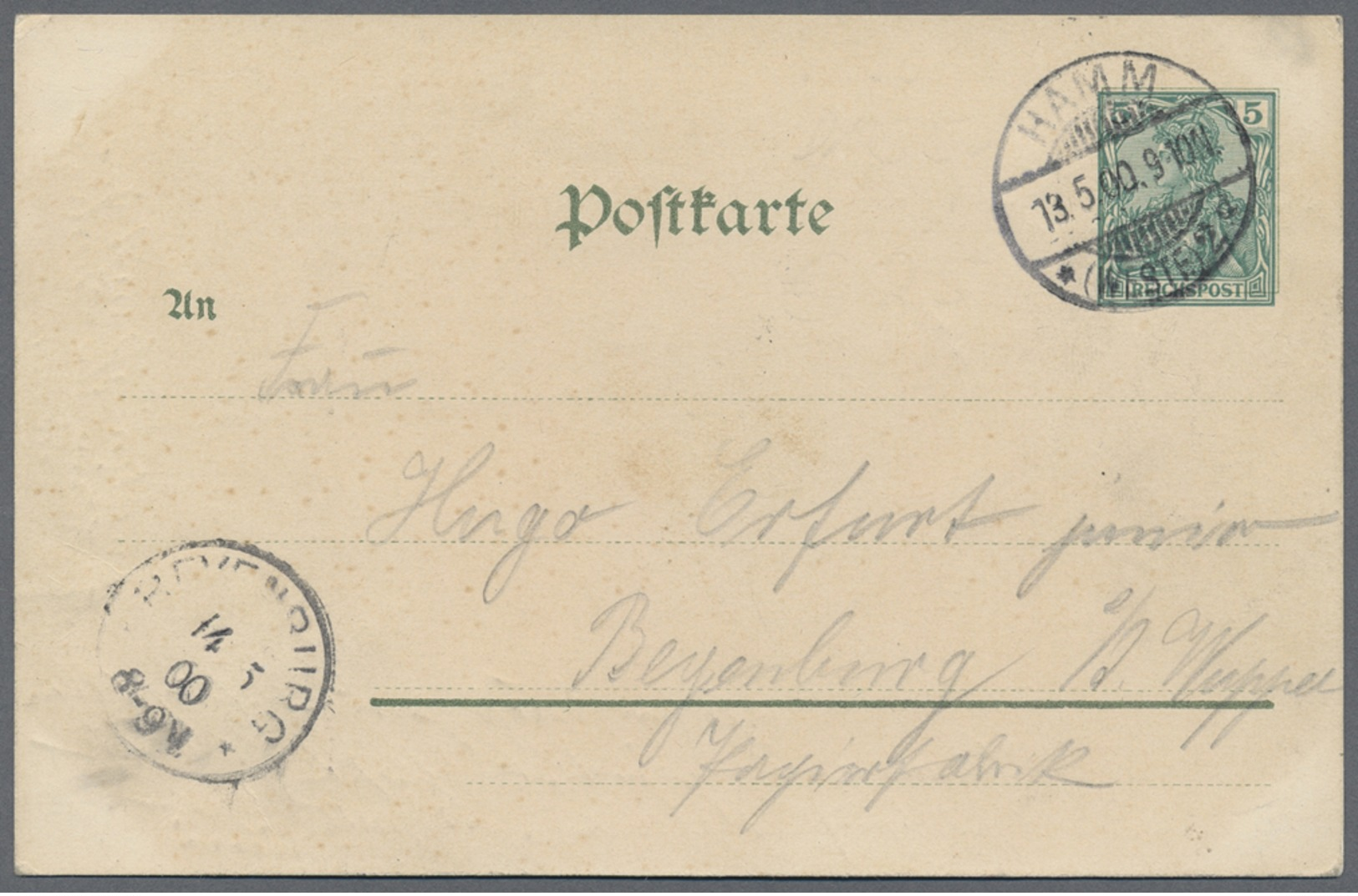 Beleg 1900, 5 Pf Germania Gruen, ''Bad Hamm Festplatz'', Bedarfsgebraucht Mit Sauberem Stpl. Hamm, 13.5.00, Nach Beyenbu - Otros & Sin Clasificación