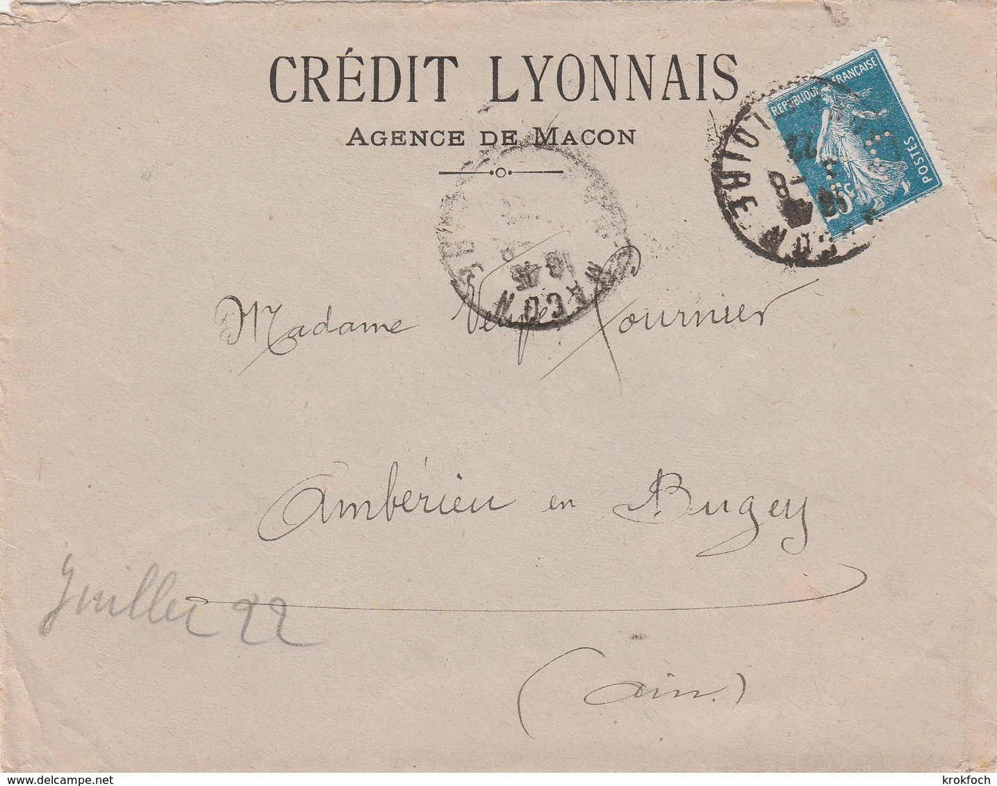 Macon Crédit Lyonnais 1922 - Semeuse Perforée CL - Autres & Non Classés