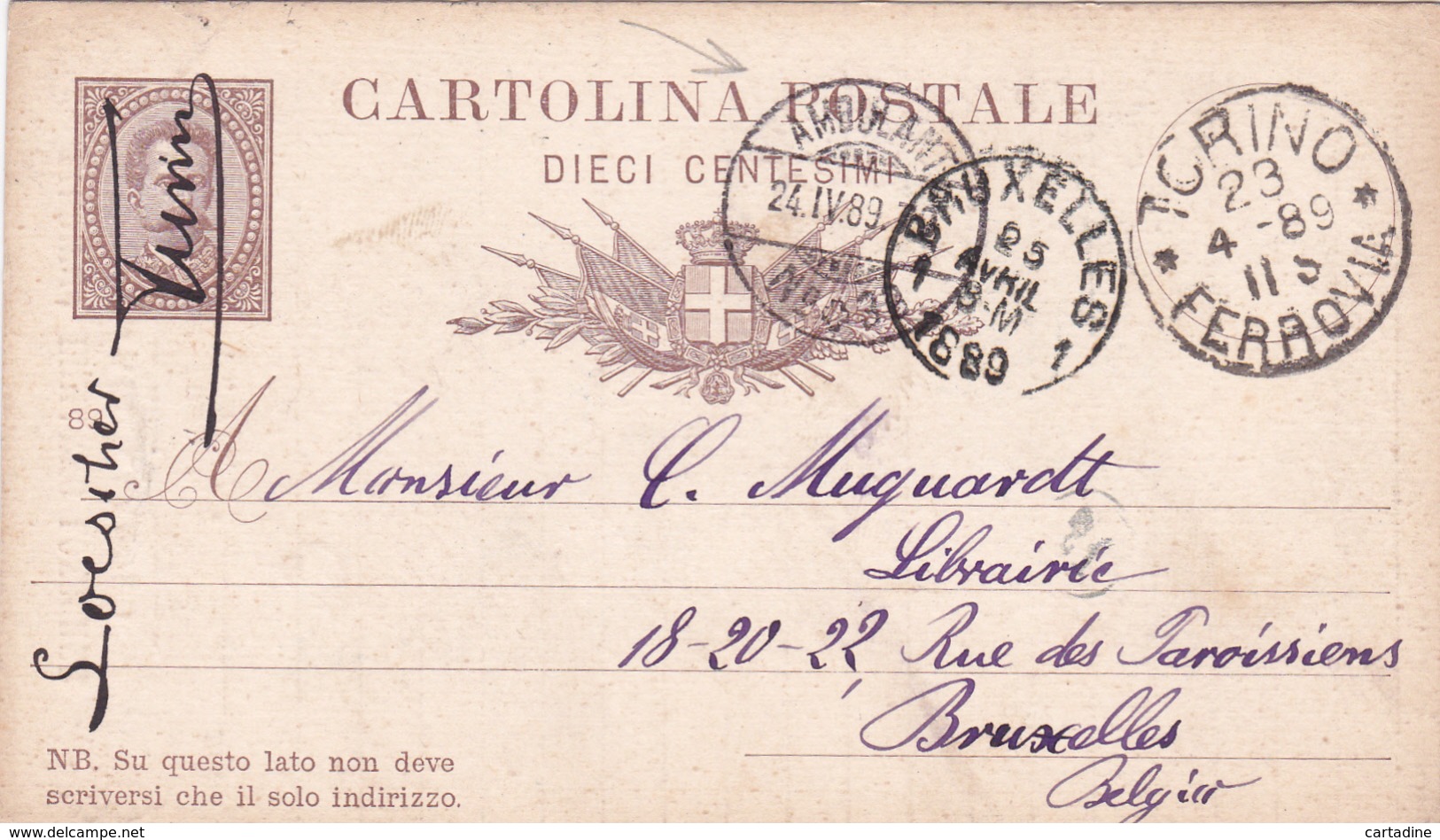 EP Italie - Cachet Ambulant - 1889 - + Pub Dos "Libreria Ermanno Loescher Di Carlo Clausen" - Interi Postali