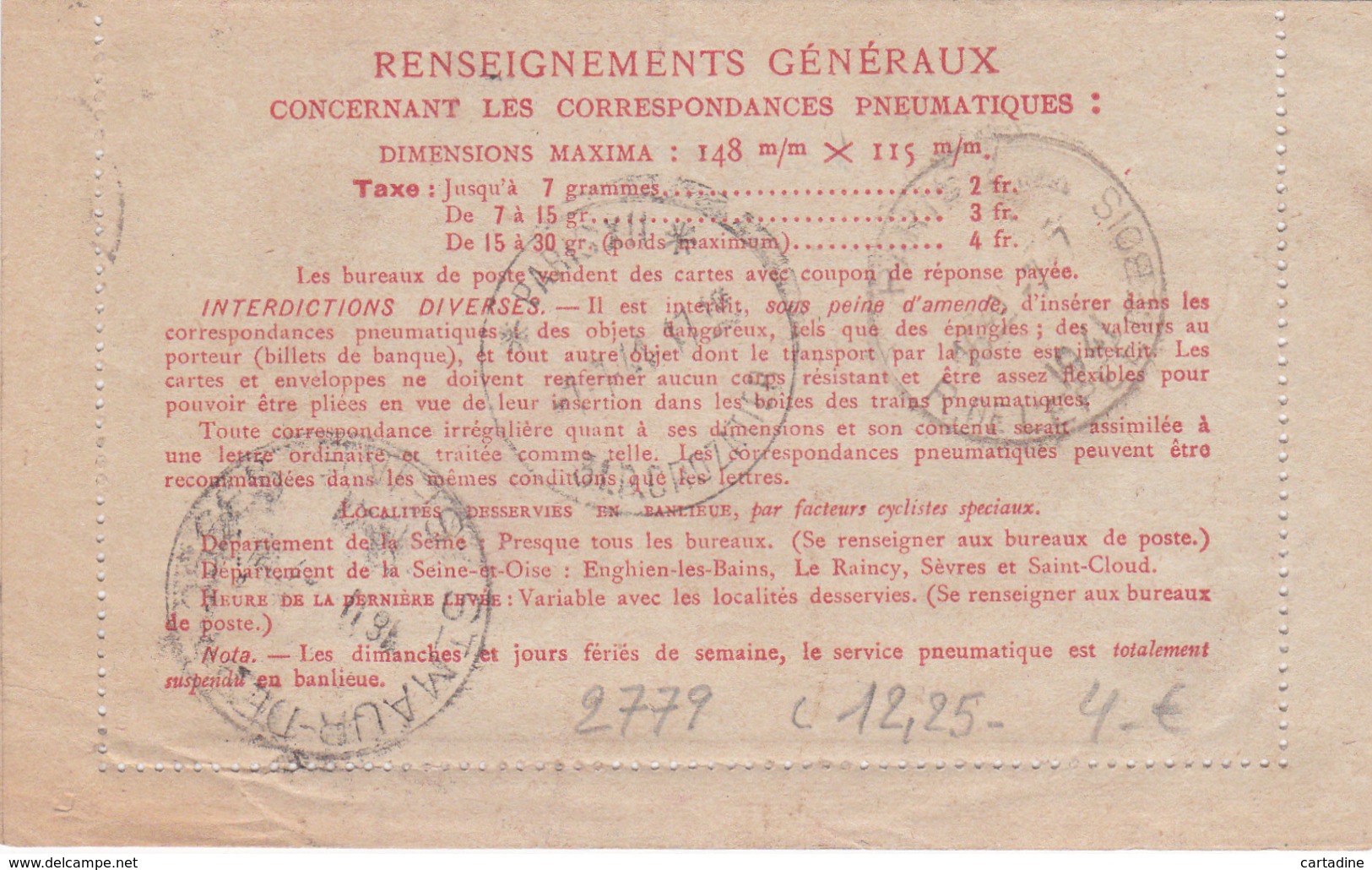 EP France - Carte Pneumatique - N° 2779 - 1941 - Pneumatiques