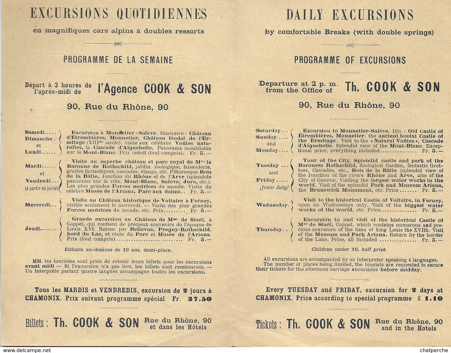 HORAIRES EXCURSIONS QUOTIDIENNES  AGENCE COOK & SON GENEVE SUISSE DILIGENCE  CARS ALPINS FRANCAIS ANGLAIS - Europe