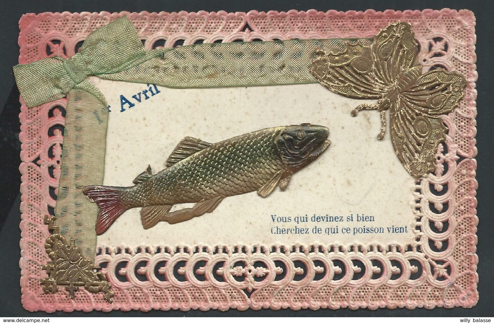 +++ CPA - Carte Fantaisie - 1er Avril - Découpi Poisson - Papillon - Découpe Dentelle - Ruban Tissu  // - April Fool's Day