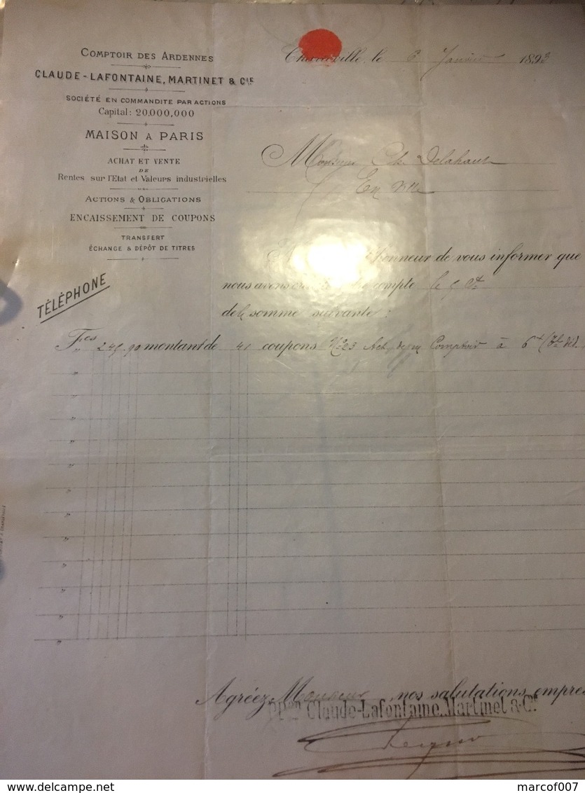 CHARLEVILLE 1893 Facture Comptoir Des Ardennes à Voir - 1800 – 1899