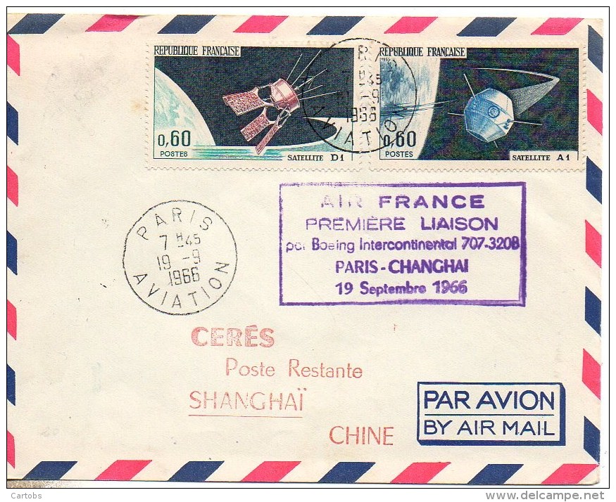 Cachet Première Liaison Air France Paris - Changhai 19 Septembre 1966 - 1961-....